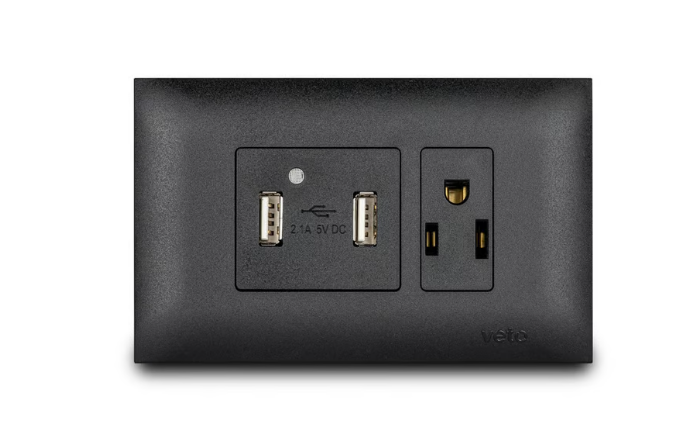 Contacto Mixto Amer. + 2 Puertos Usb de 2.1 Amp con Placa Vive Negro