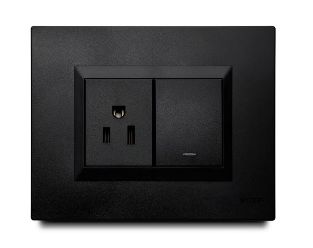 Apagador Mixto con Luz Piloto + Contac Amer. con Placa Negra