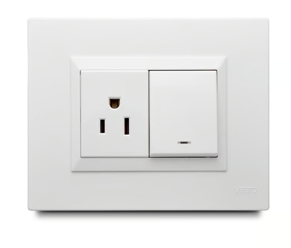 Apagador Mixto con Luz Piloto + Contac Amer. con Placa Blanca