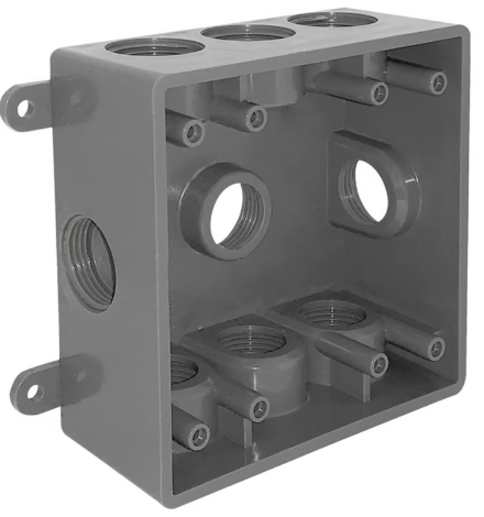 Caja Cuadrada No Metálica con 9 Orificios Roscados de 1/2¿ o 3/4¿ Gris