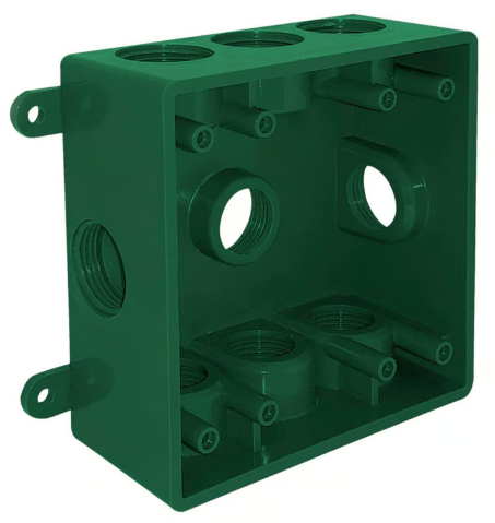 Caja Cuadrada No Metálica con 9 Orificios Roscados de 1/2¿ o 3/4¿ Verde