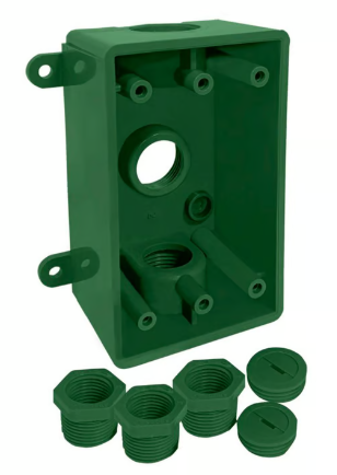 Caja Rectangular No Metálica 3 Orificios Roscados de 1/2¿ o 3/4¿ Verde