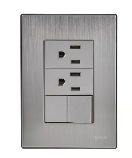 Placa Inox Con 1 Apagador Y 2 Contactos